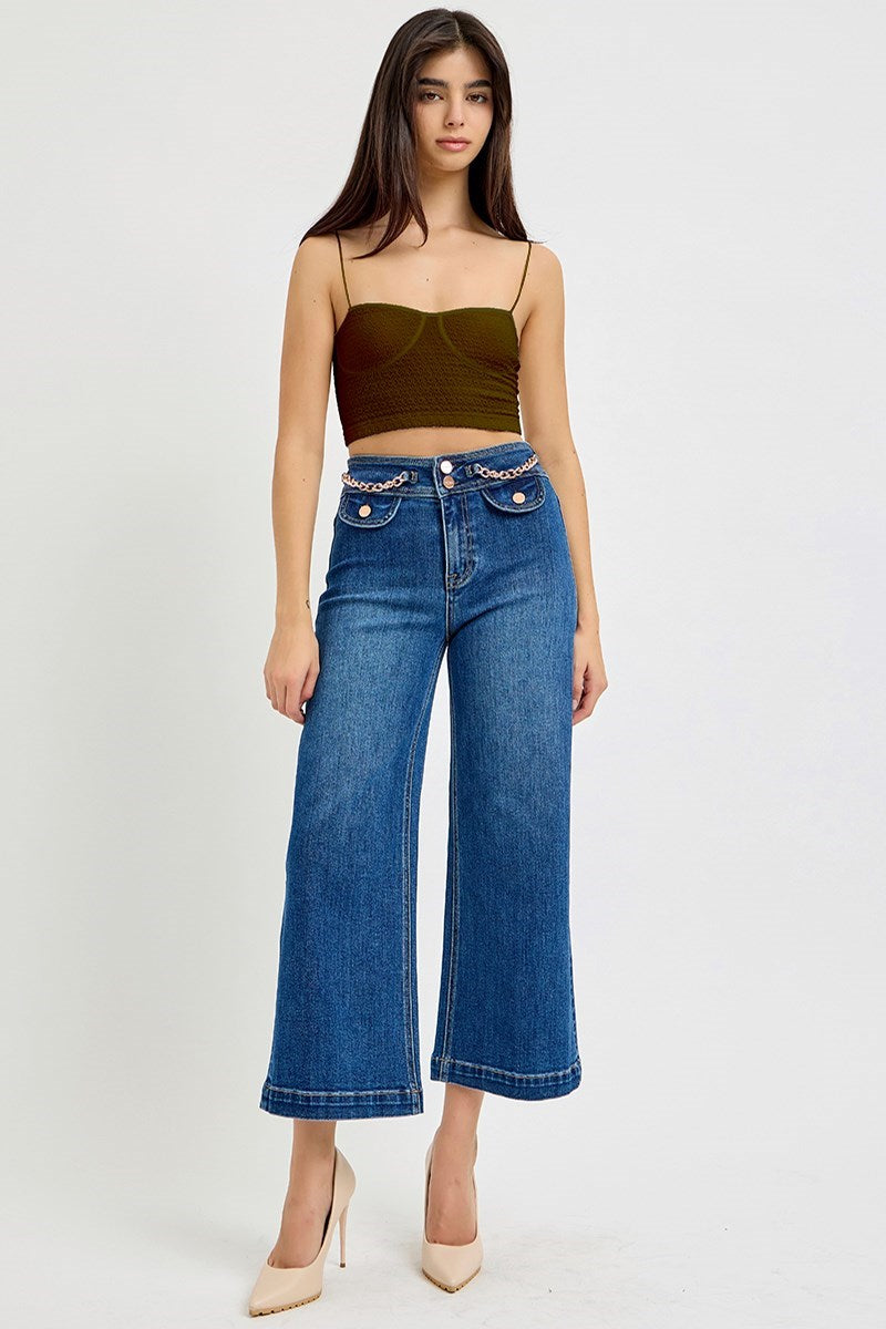 Alice High Rise Rose Gold Chain Waist Wide Crop Leg Jeans