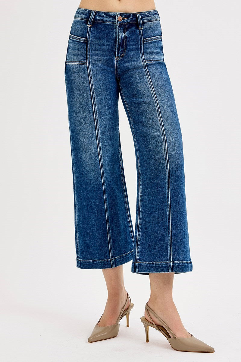 Ride or Die Mid Rise Front Seam Pocket Crop Wide Leg Jeans