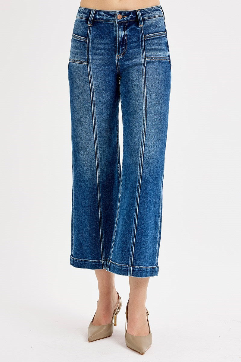 Ride or Die Mid Rise Front Seam Pocket Crop Wide Leg Jeans