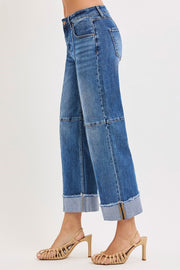 Godfather High Rise Cross Seamed Crop Wide Leg Cuffed Jeans