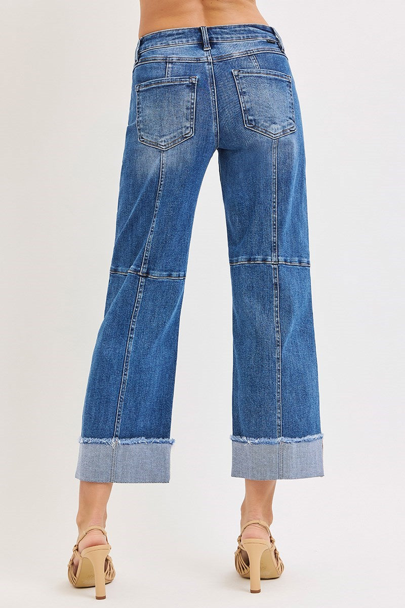 Godfather High Rise Cross Seamed Crop Wide Leg Cuffed Jeans