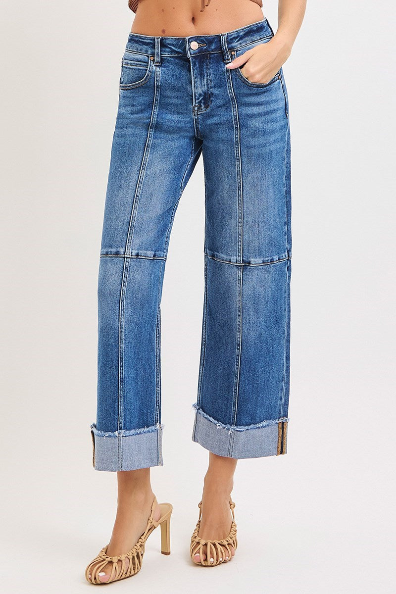 Godfather High Rise Cross Seamed Crop Wide Leg Cuffed Jeans