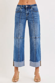 Godfather High Rise Cross Seamed Crop Wide Leg Cuffed Jeans