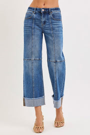 Godfather High Rise Cross Seamed Crop Wide Leg Cuffed Jeans