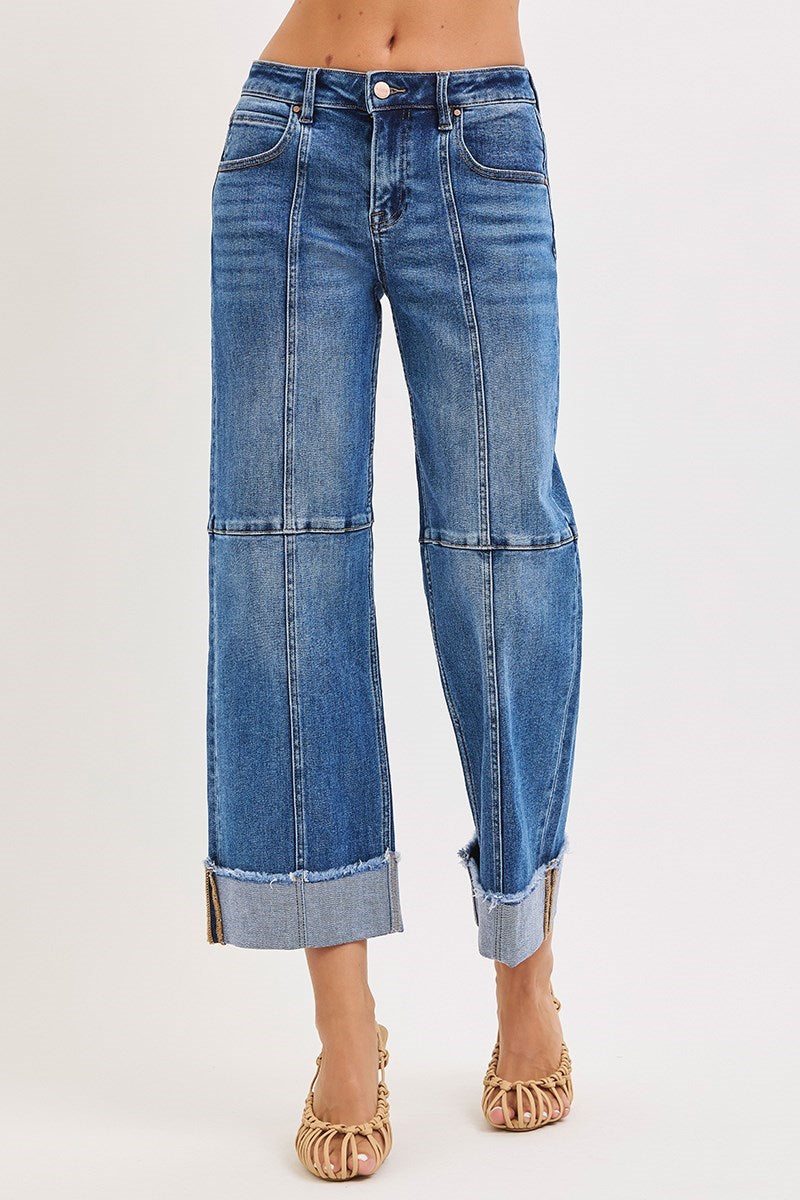 Godfather High Rise Cross Seamed Crop Wide Leg Cuffed Jeans