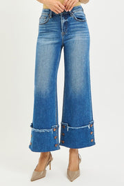 Regency HR Wide Leg Cuffed Button Detail Ankle Crop Jeans