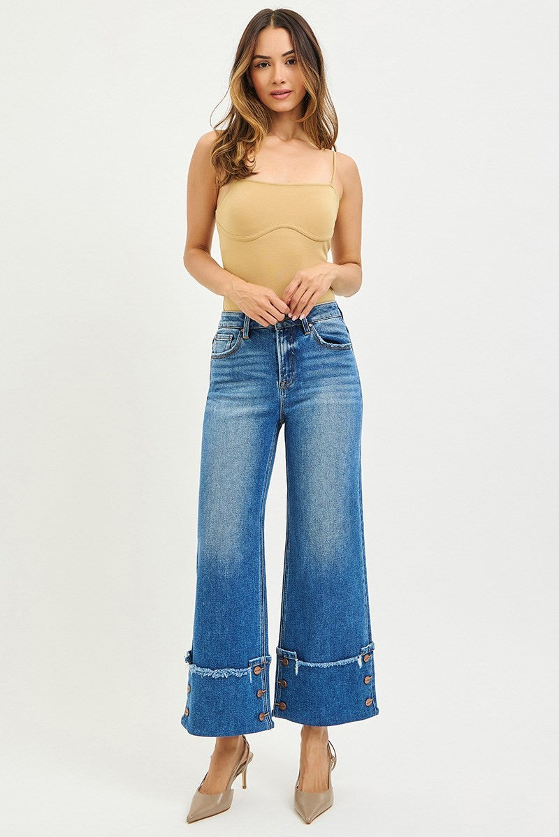 Regency HR Wide Leg Cuffed Button Detail Ankle Crop Jeans