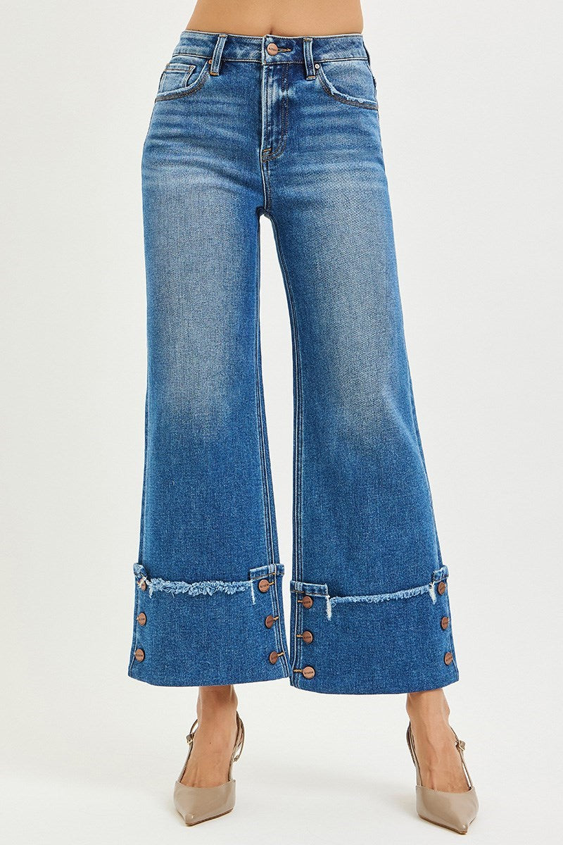 Regency HR Wide Leg Cuffed Button Detail Ankle Crop Jeans