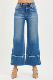 Regency HR Wide Leg Cuffed Button Detail Ankle Crop Jeans