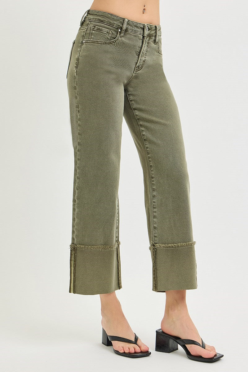 Battlefield Tummy Control Mid Rise Crop Wide Leg Cuffed Jeans
