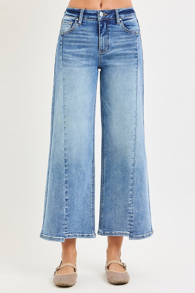 Misbehavin' Mid Rise Angled Seams Ankle Cropped Wide Leg