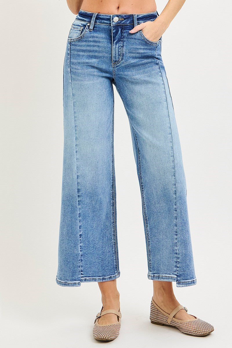 Misbehavin' Mid Rise Angled Seams Ankle Cropped Wide Leg
