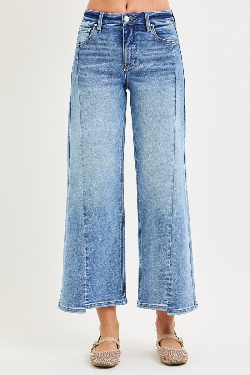 Misbehavin' Mid Rise Angled Seams Ankle Cropped Wide Leg