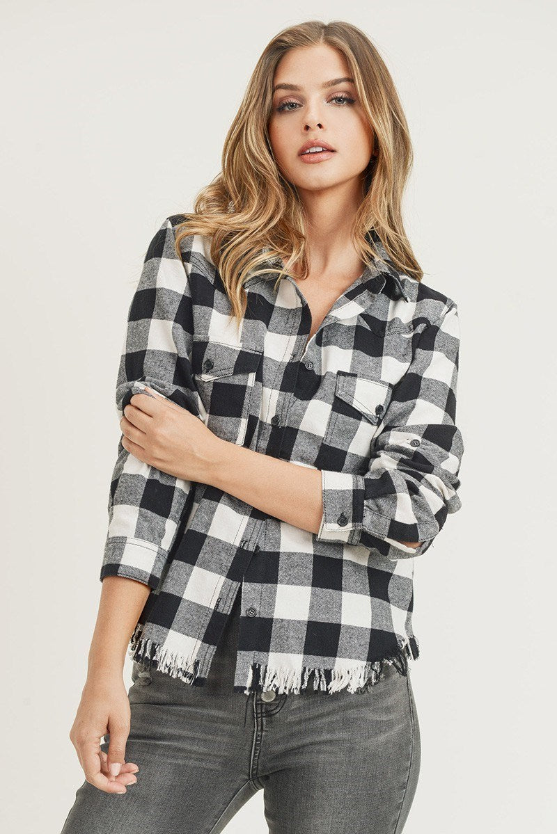 Buffalo Plaid Frayed Hem Button Up Shirt