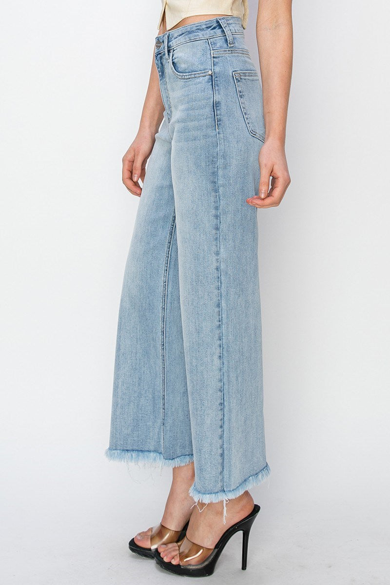 Octane High Rise Crop Length Wide Leg Fray Hem Jeans