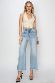 Octane High Rise Crop Length Wide Leg Fray Hem Jeans