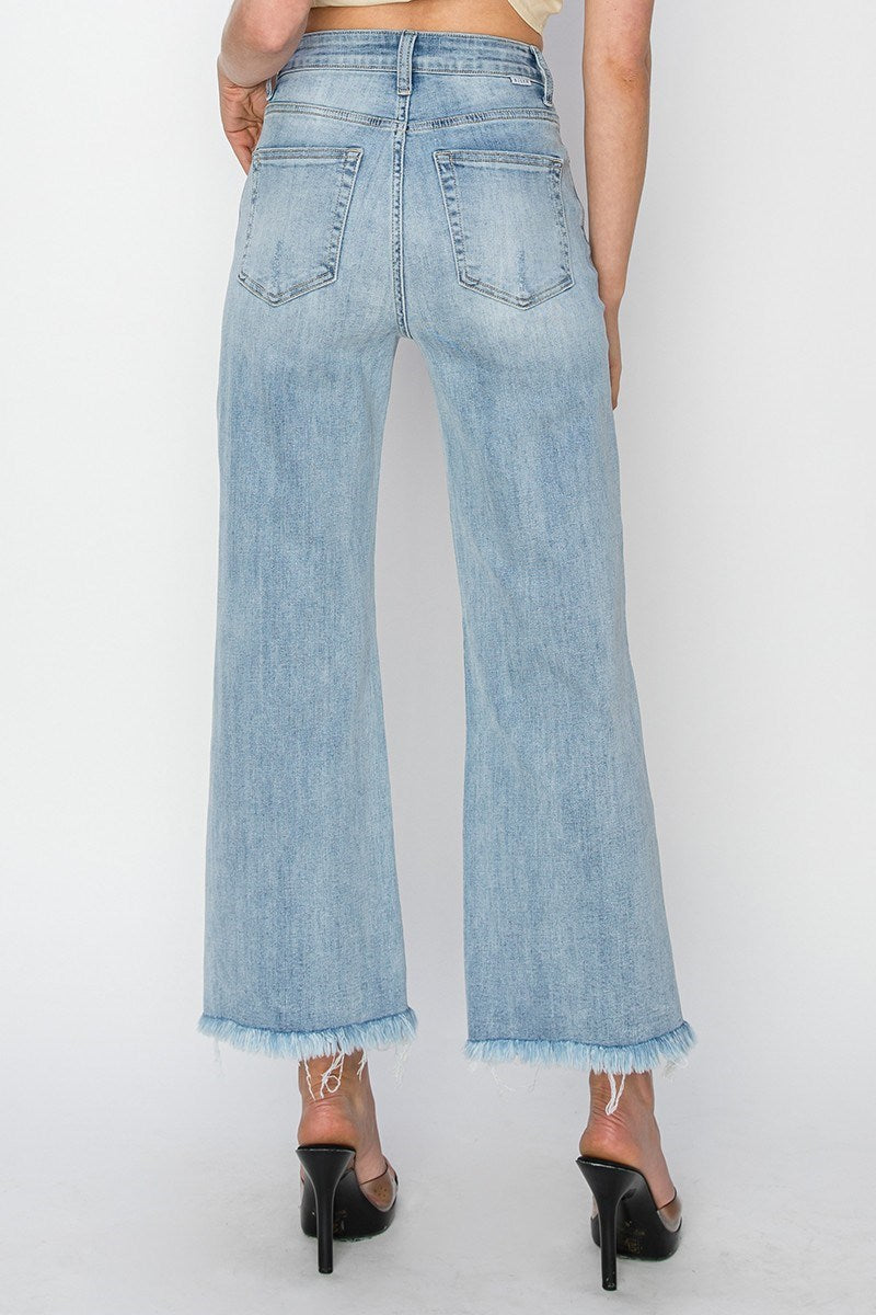 Octane High Rise Crop Length Wide Leg Fray Hem Jeans