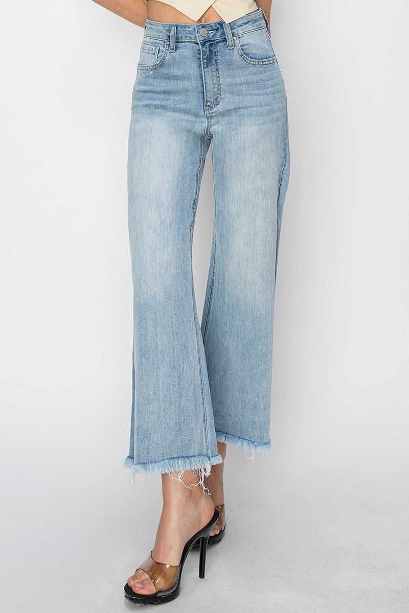 Octane High Rise Crop Length Wide Leg Fray Hem Jeans