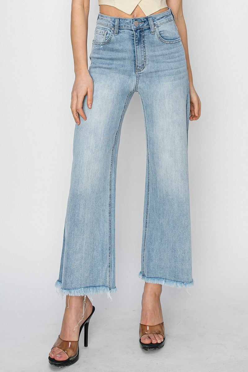 Octane High Rise Crop Length Wide Leg Fray Hem Jeans