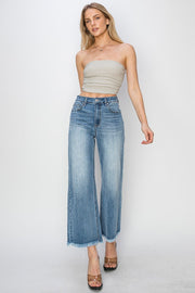 Octane High Rise Crop Length Wide Leg Fray Hem Jeans