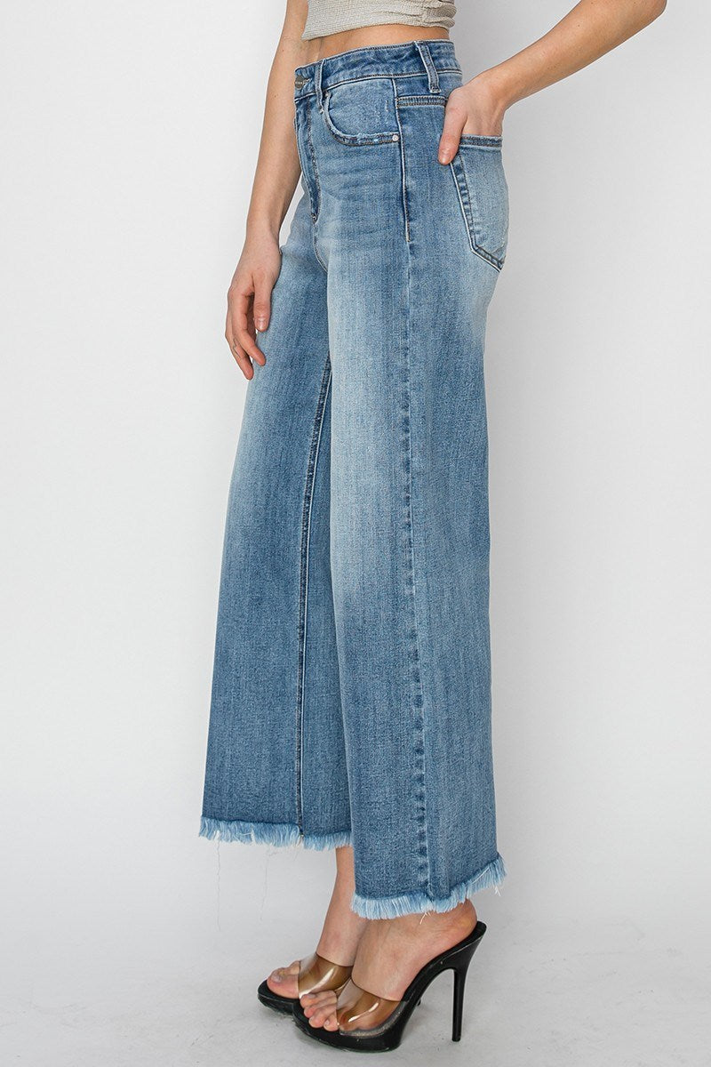 Octane High Rise Crop Length Wide Leg Fray Hem Jeans