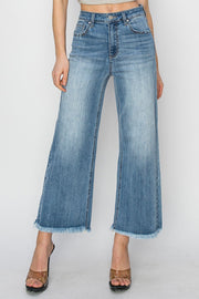 Octane High Rise Crop Length Wide Leg Fray Hem Jeans