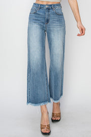 Octane High Rise Crop Length Wide Leg Fray Hem Jeans