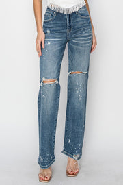 Splat High Rise Paint Splashed Wide Leg Distressed Knee Jeans