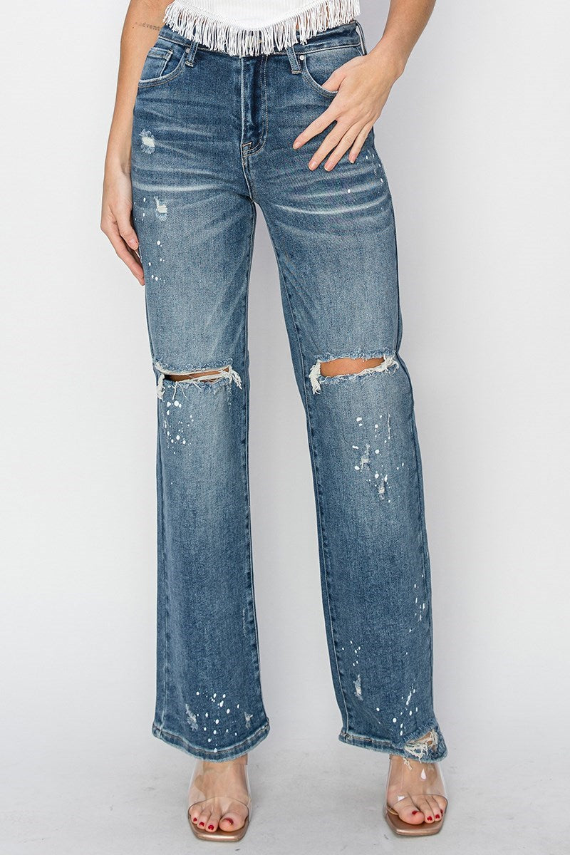 Splat High Rise Paint Splashed Wide Leg Distressed Knee Jeans