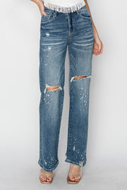 Splat High Rise Paint Splashed Wide Leg Distressed Knee Jeans