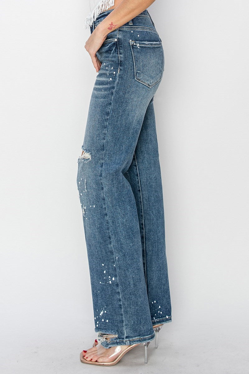 Splat High Rise Paint Splashed Wide Leg Distressed Knee Jeans