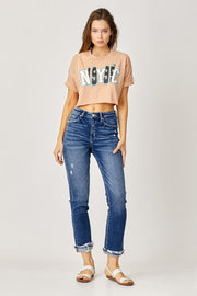 Hendrix High Rise Ankle Crop Straight Turn-Up Cuffed Jeans