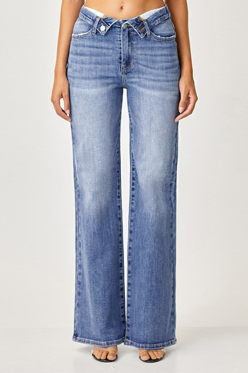 Tux Mid Rise Fold-Over Waist Wide Leg Jeans