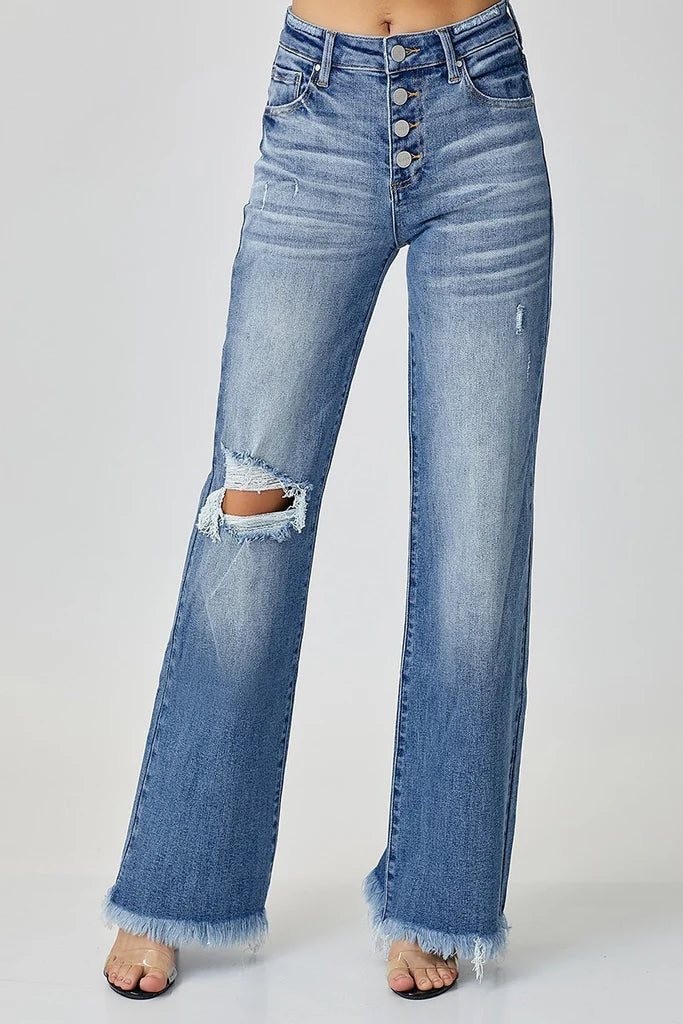 Fuel Mid Rise Button Fly Distressed Wide Leg Jeans