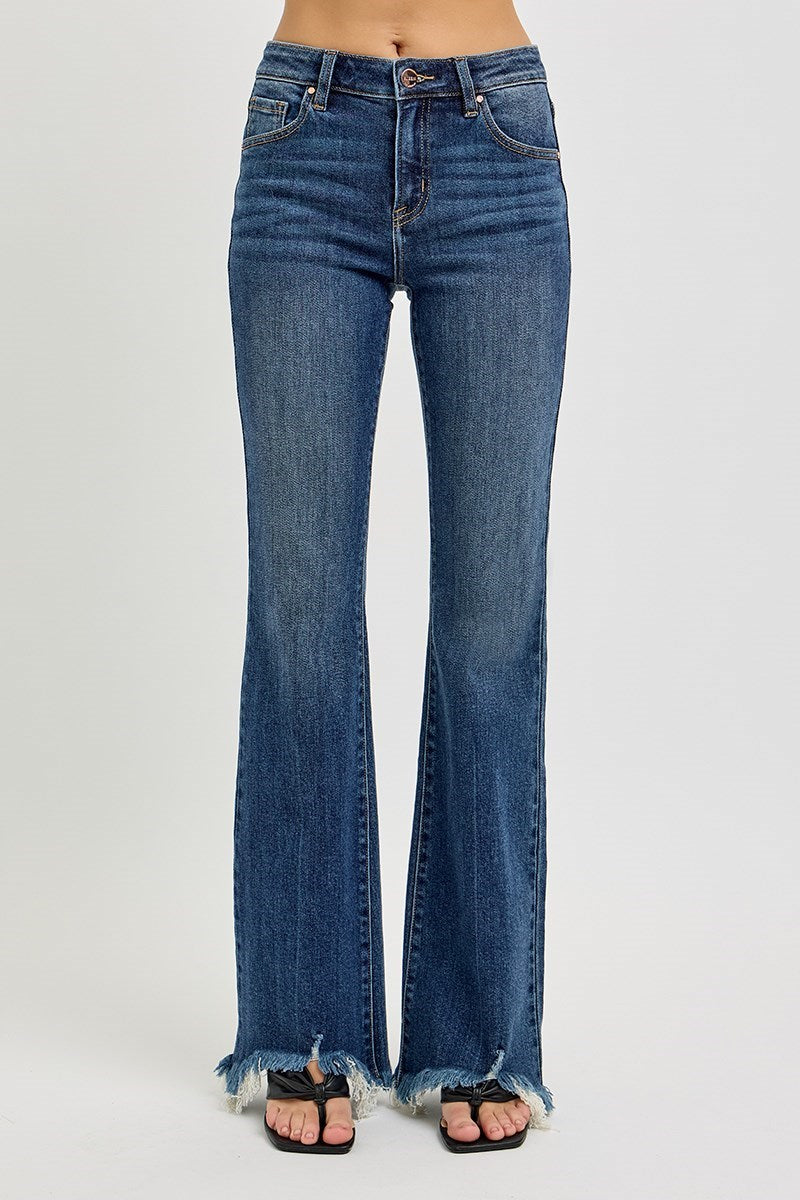 Hangin' Tough Mid Rise Frayed Hem Flare Leg Jeans