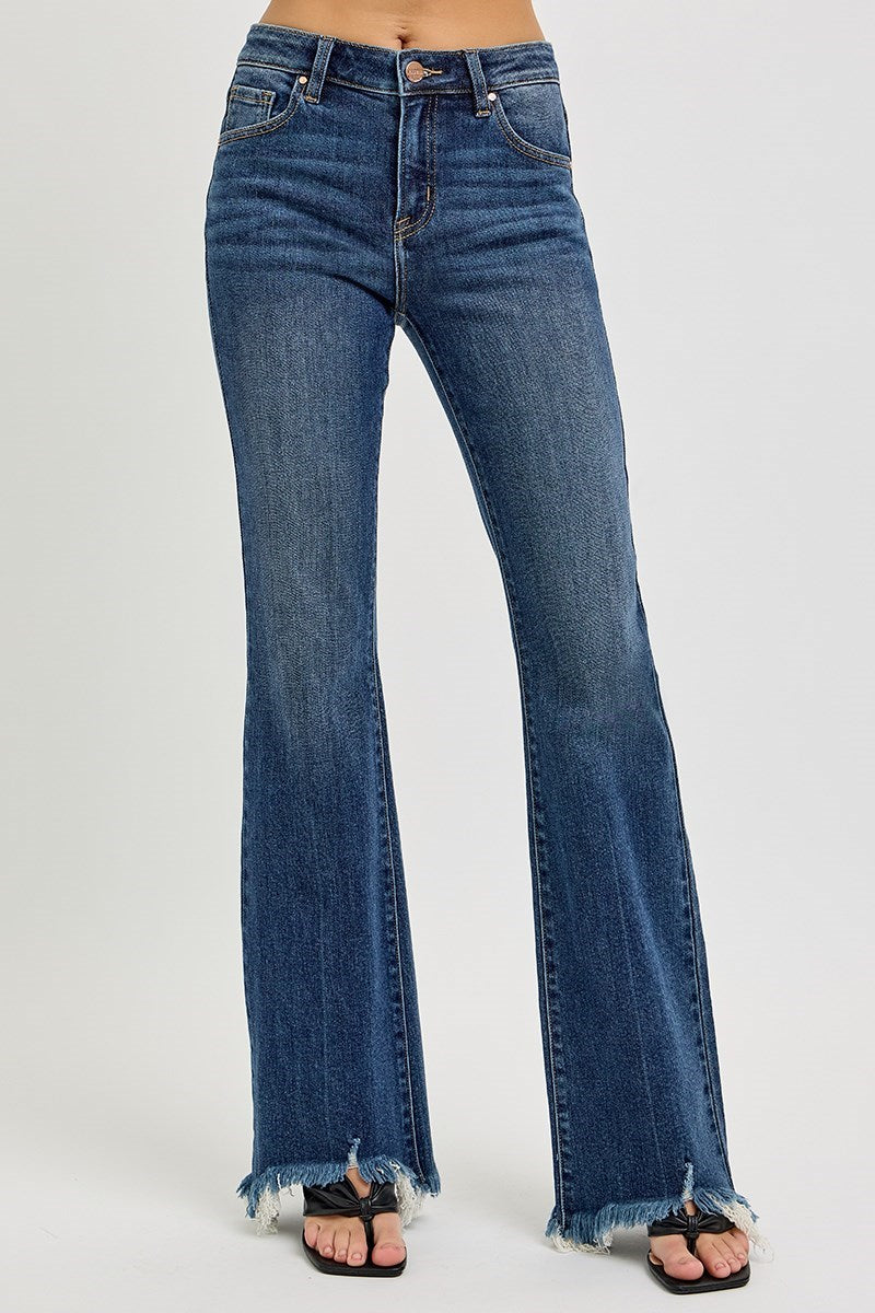 Hangin' Tough Mid Rise Frayed Hem Flare Leg Jeans