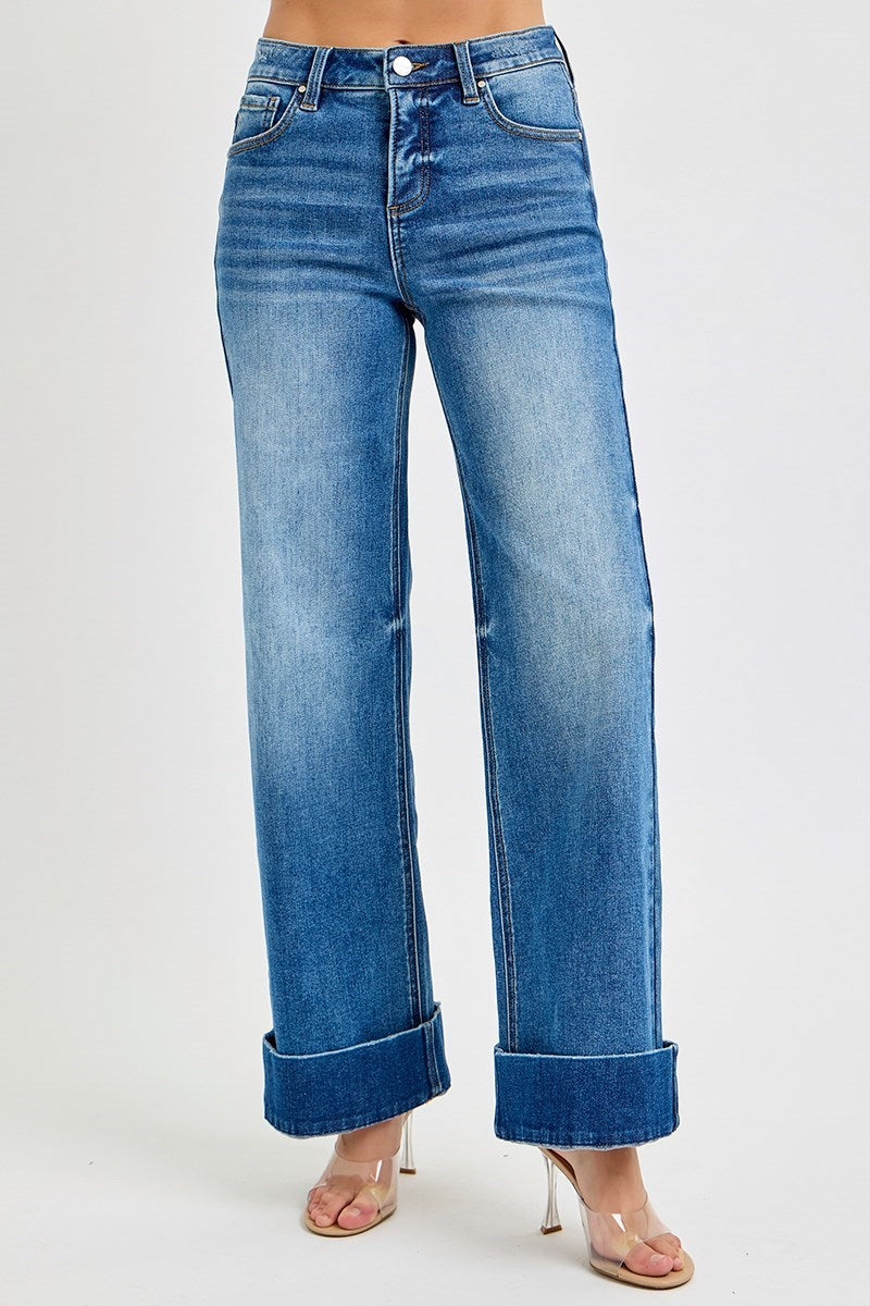 Walk This Way - High Rise Rolled Wide Cuff Jeans