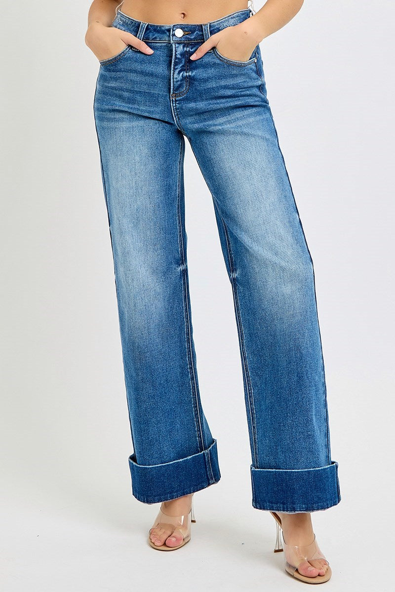 Walk This Way - High Rise Rolled Wide Cuff Jeans