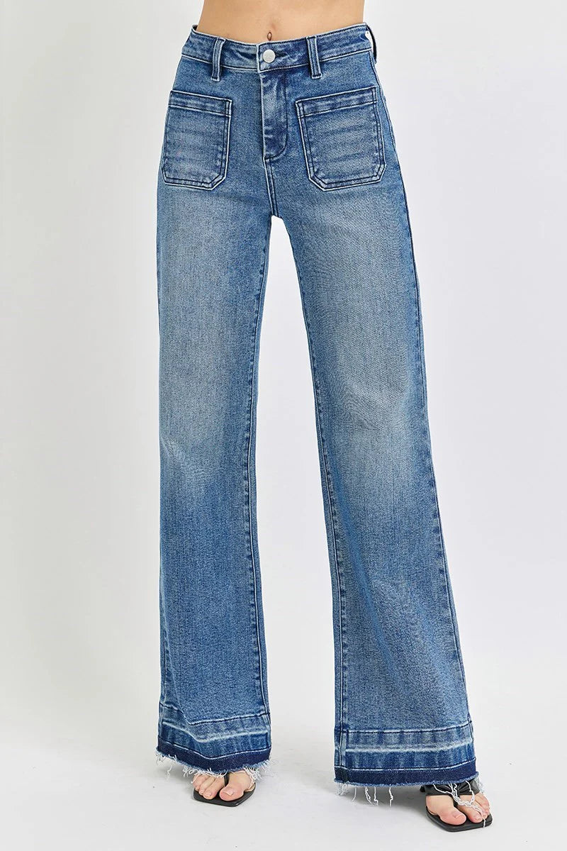 Sassy - High Rise Unrolled Hem Wide Leg Jeans