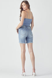 Risen High Rise Distressed Long Fray Hem Shorts