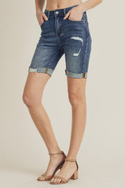 Risen High Rise Distressed Long Cuffed Shorts