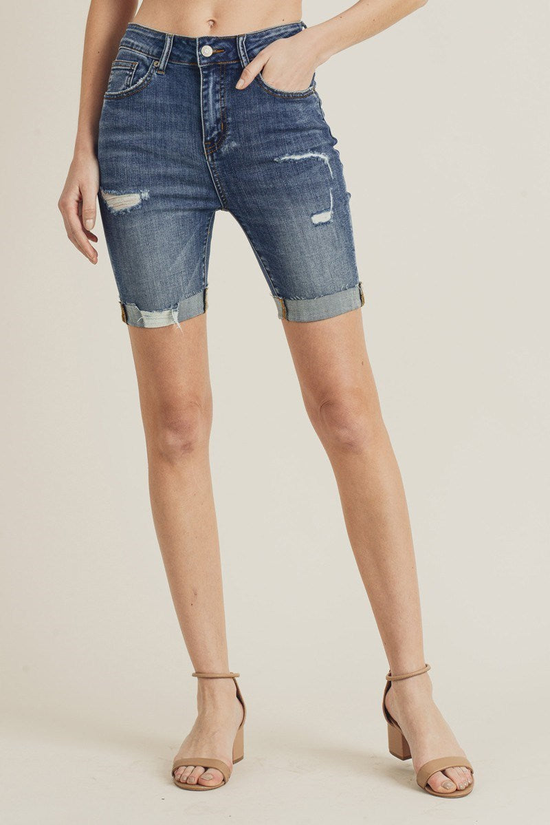 Risen High Rise Distressed Long Cuffed Shorts