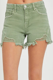 Risen Mid Rise Distressed Detail Shorts with Frayed Hem-Olive