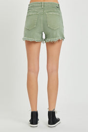 Risen Mid Rise Distressed Detail Shorts with Frayed Hem-Olive