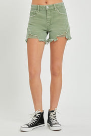 Risen Mid Rise Distressed Detail Shorts with Frayed Hem-Olive