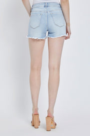 Risen High Rise Fray Hem Shorts in Light Denim