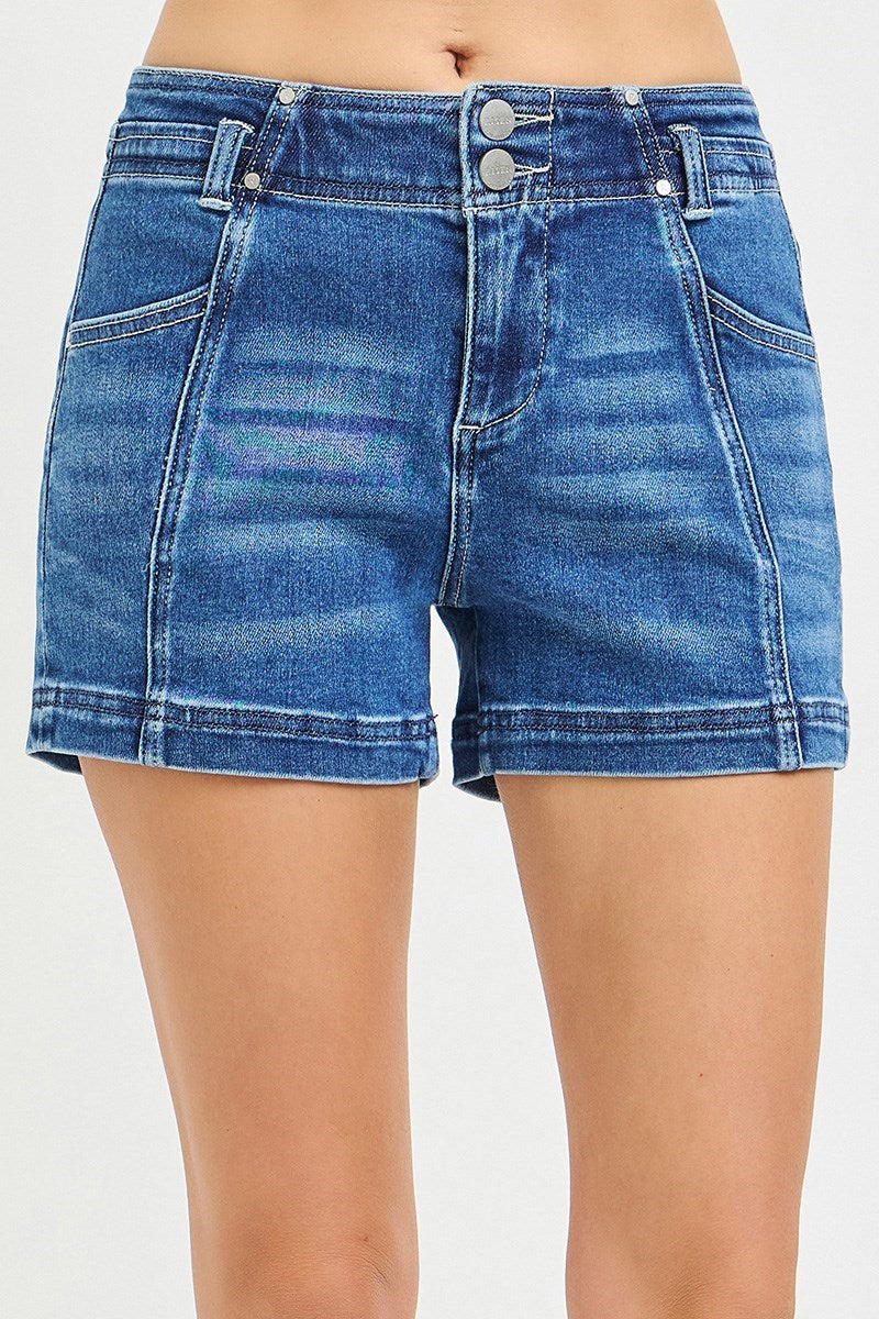Risen Mid Rise Seam Detail Double Button Front Shorts