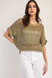 Molli Crochet Open Knit Short Sleeve Cropped Sweater
