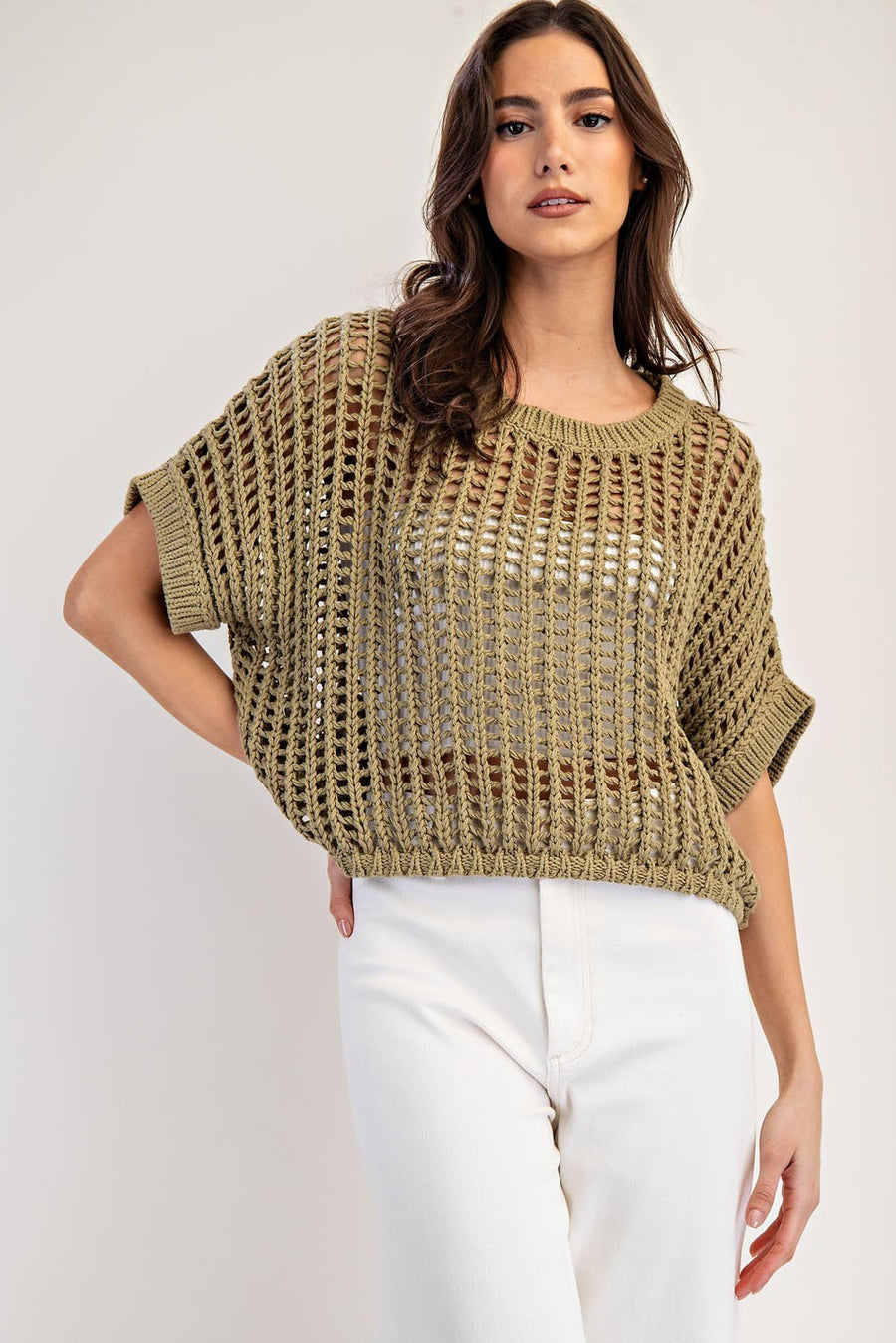 Molli Crochet Open Knit Short Sleeve Cropped Sweater