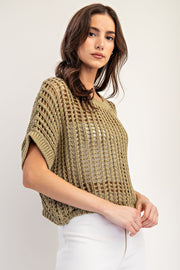 Molli Crochet Open Knit Short Sleeve Cropped Sweater